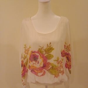 American Rag Cream Blouse with Pink and Green Floral Embroidery